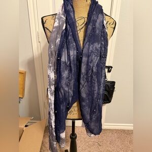 Chic Navy and Gray Tie-Dye Scarf with beads